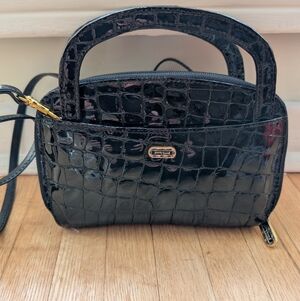 Vintage Club Rochelier Black Croc Embossed Crossbody Bag Gold Hardware